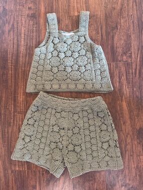 🌾Zara Sage Green Crochet Tank and Shorts Set 8/9
